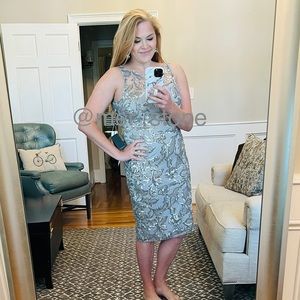 Adrianna Papell Silver Sequin and Lace Sweetheart Sheath mini Dress, Sz 6